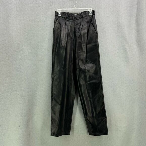 Vintage Vakko Womens Black Leather Straight Leg High Waisted Pants Size 8 - Picture 1 of 13